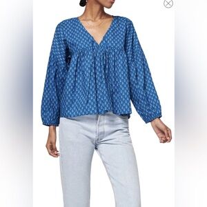 Faherty Lyla Top Floral Blue Long Sleeve Organic Cotton. Size Small